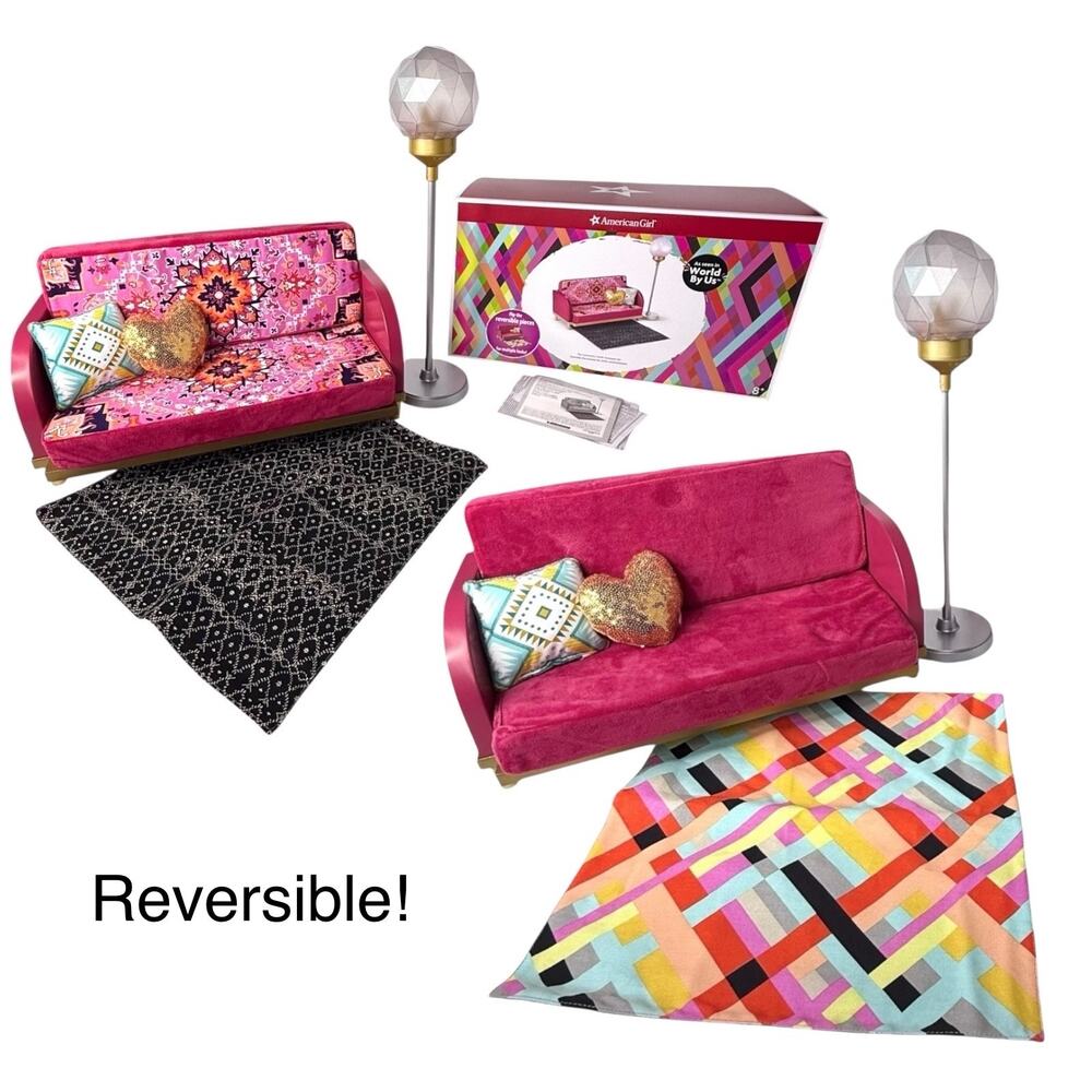 American Girl SOFA COUCH LAMP Community Center Doll Furniture Set Rug Pillow BOX